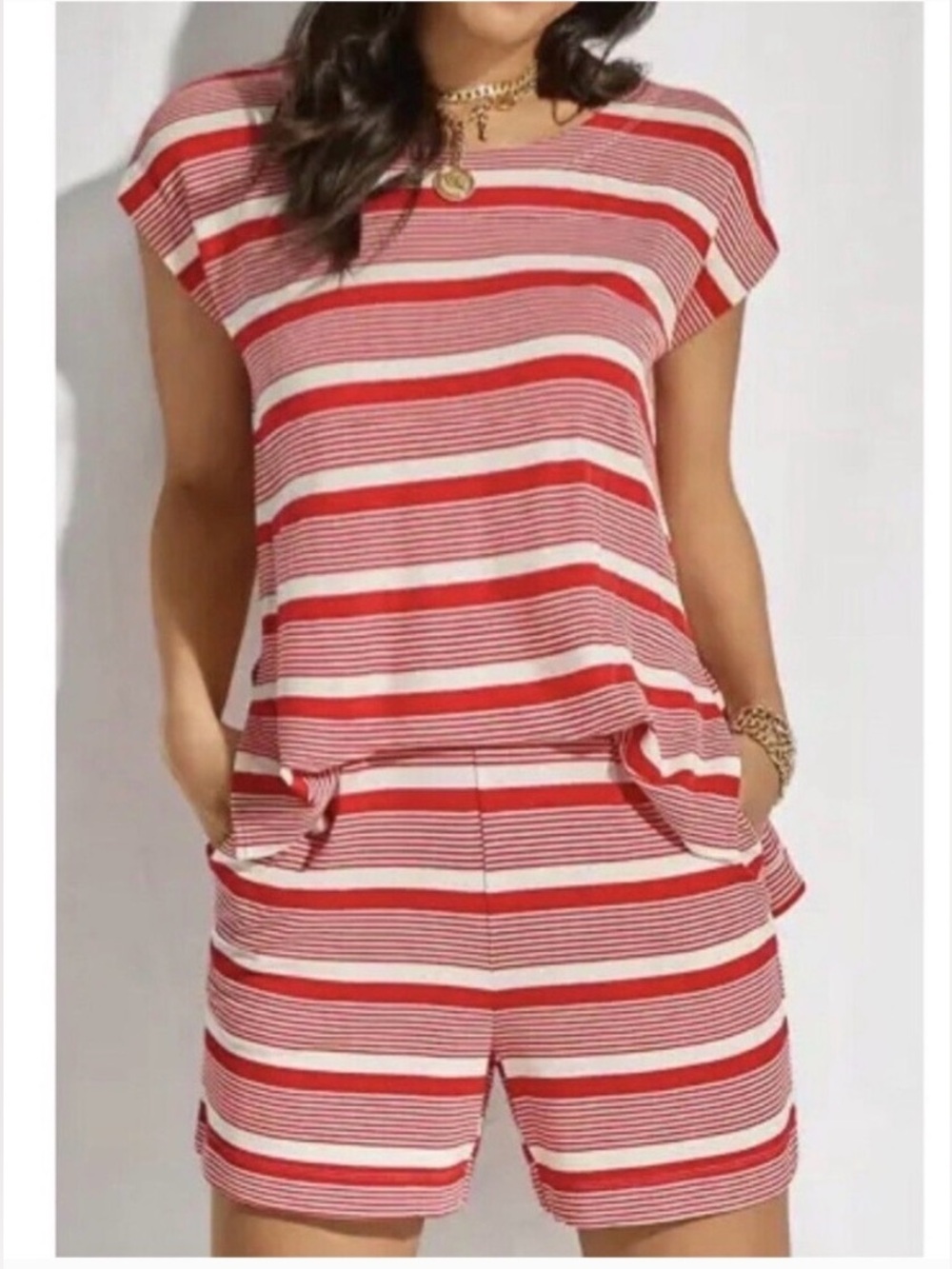 Cabi Red White Striped Matching Short Set XS | Cap Sleeve Top & Pull-On Shorts